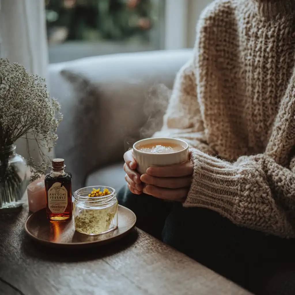 Cozy home scene with Himalayan salt drink and ingredients on table
