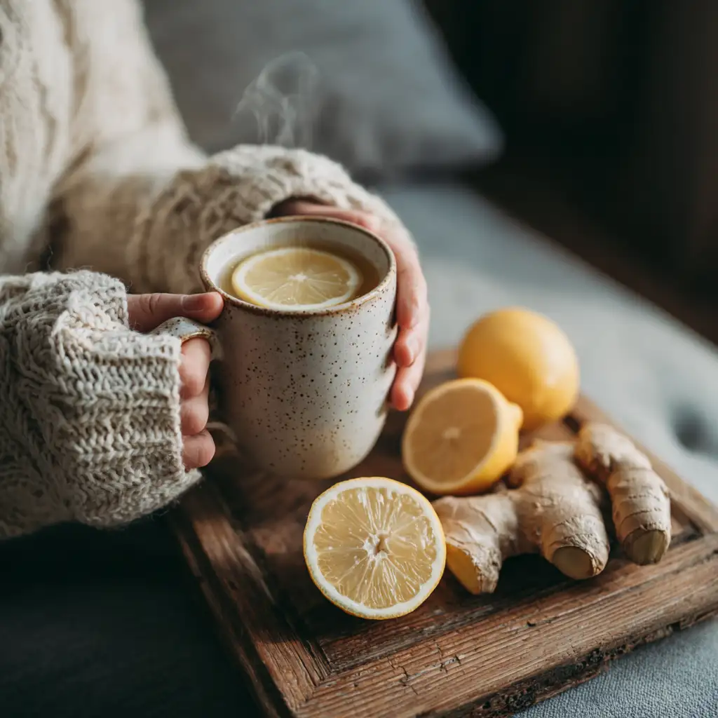 Cozy home scene with mug of lemon weight loss drink and ingredients on side table