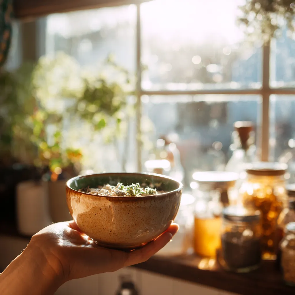 Cozy kitchen moment of a hand holding a bowl of Natural Mounjaro meal near sunlight