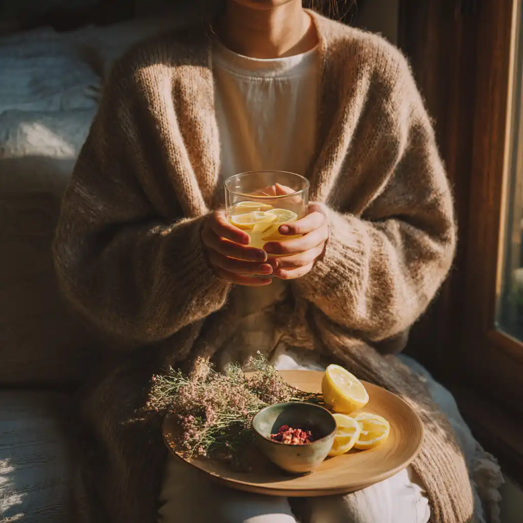 Cozy living room scene with detox water in hand