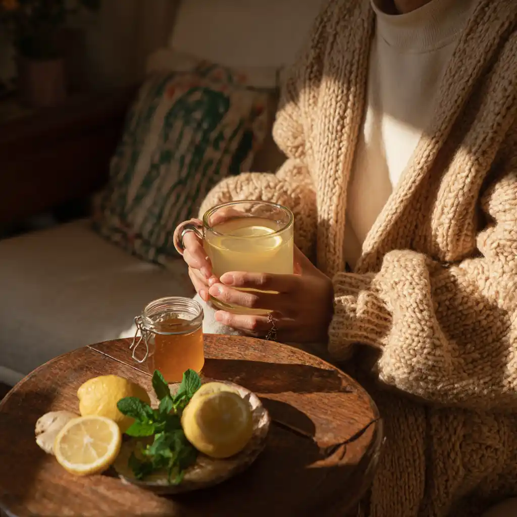 Cozy living room with a person holding lemon and ginger water, ingredients on table
