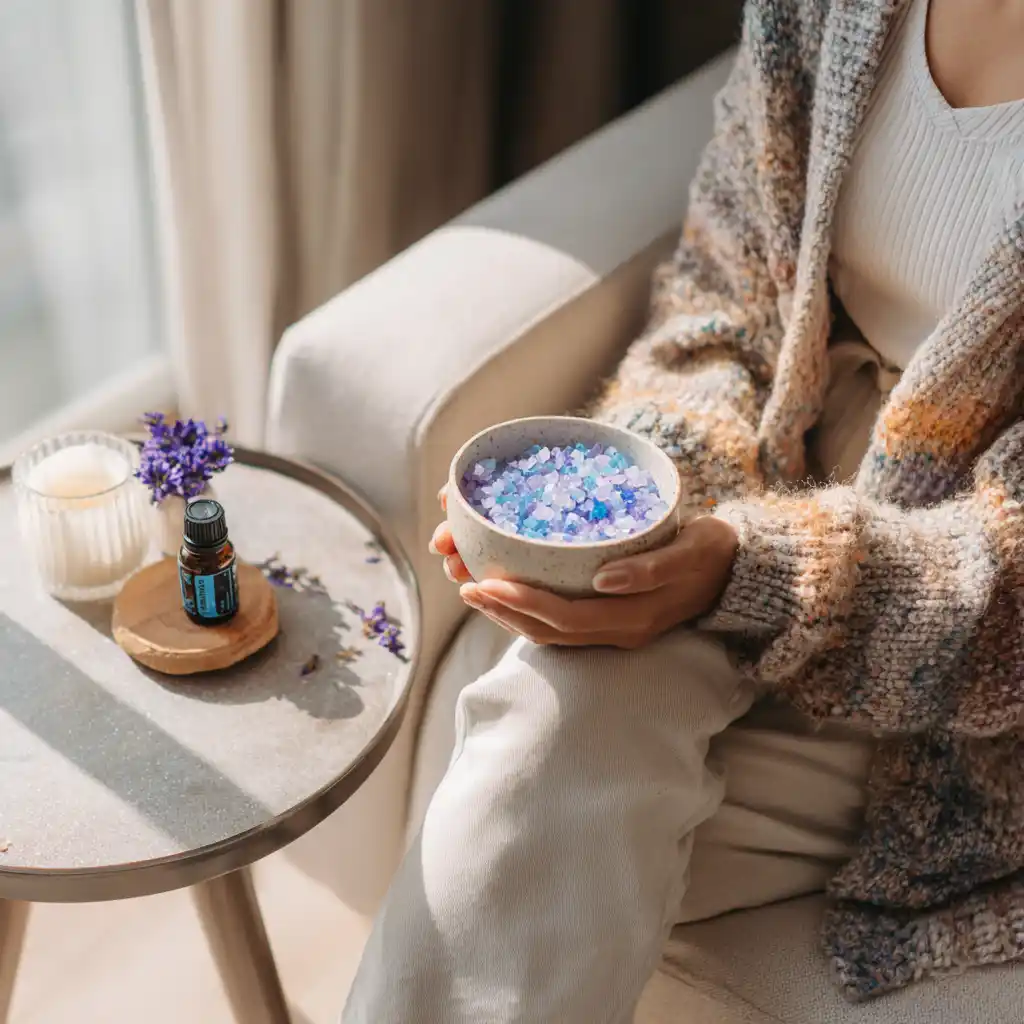 Cozy living room with blue salt bowl and salt ingredients