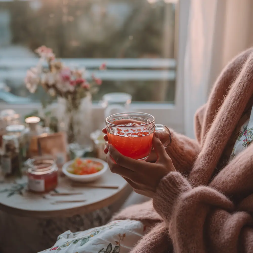 Cozy living room with red gummy fish drink on a side table next to ingredients