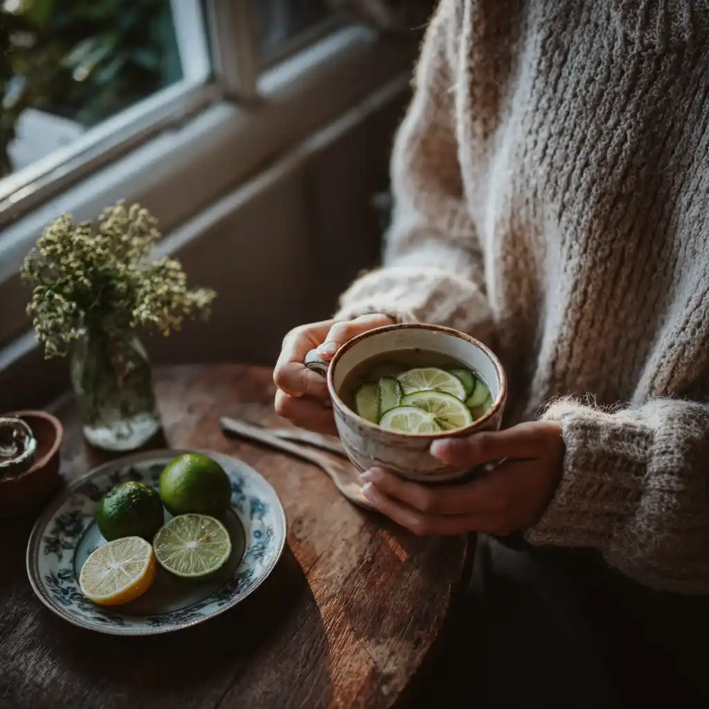 Cozy living room with a person holding lemon and cucumber water