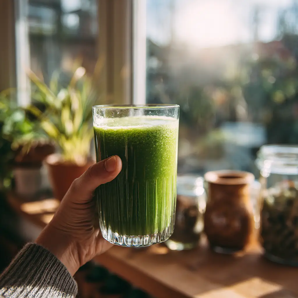Cozy scene with a person holding a detox smoothie in a cardigan, with smoothie ingredients on the side table