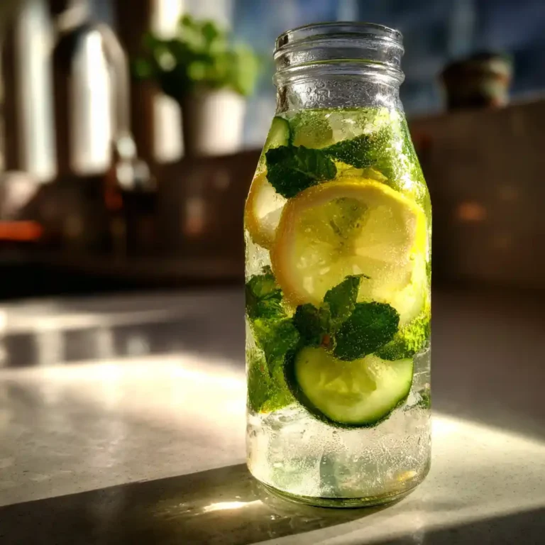 Cucumber lemon detox water in a bottle with ice and mint