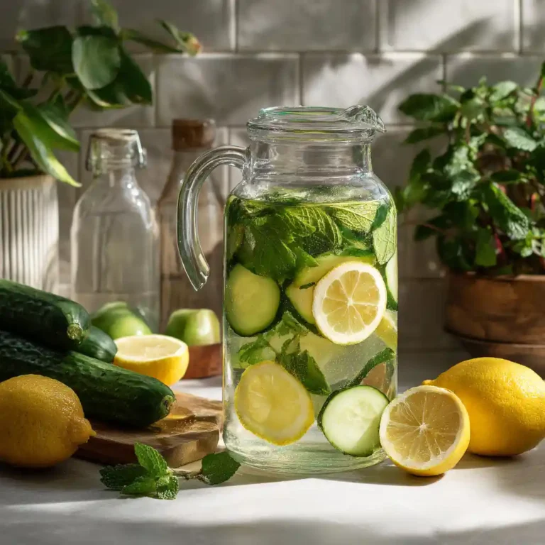 Detox water for weight loss in a glass pitcher on a kitchen counter
