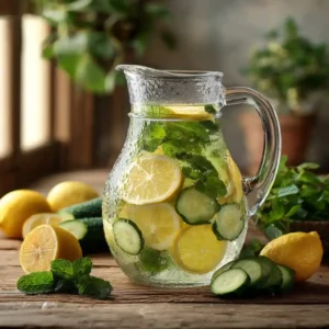 Detox water for weight loss with lemon, cucumber, and mint in a glass pitcher
