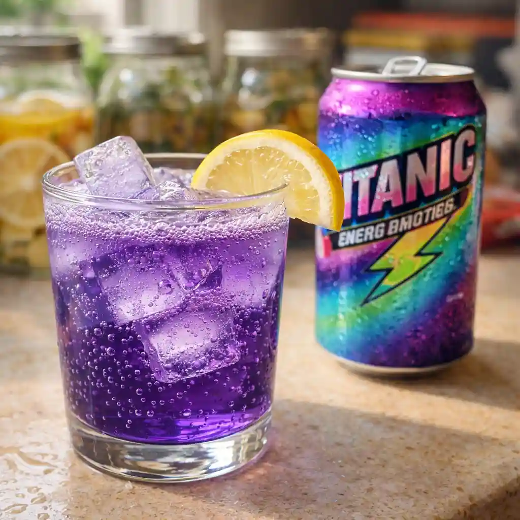 energy drink titanic  poured over ice in a glass – electric hue, bubbly carbonation, soda-shop vibes
