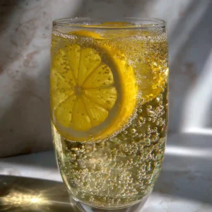 Fizzy Brazilian Mounjaro drink with lemon wedge in a clear glass