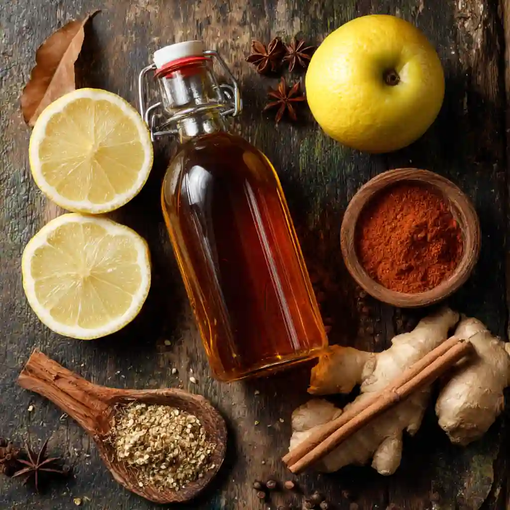 Flat lay of ingredients for Brazilian Mounjaro apple cider vinegar drink on a rustic counter