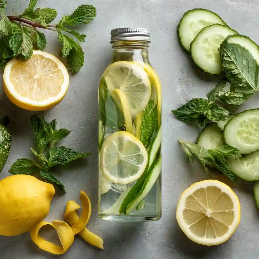 lemon and cucumber water weight loss_Flat lay of lemon cucumber water with mint and citrus peels