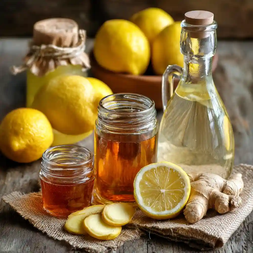 Flat lay of lemon weight loss drink ingredients on rustic kitchen surface