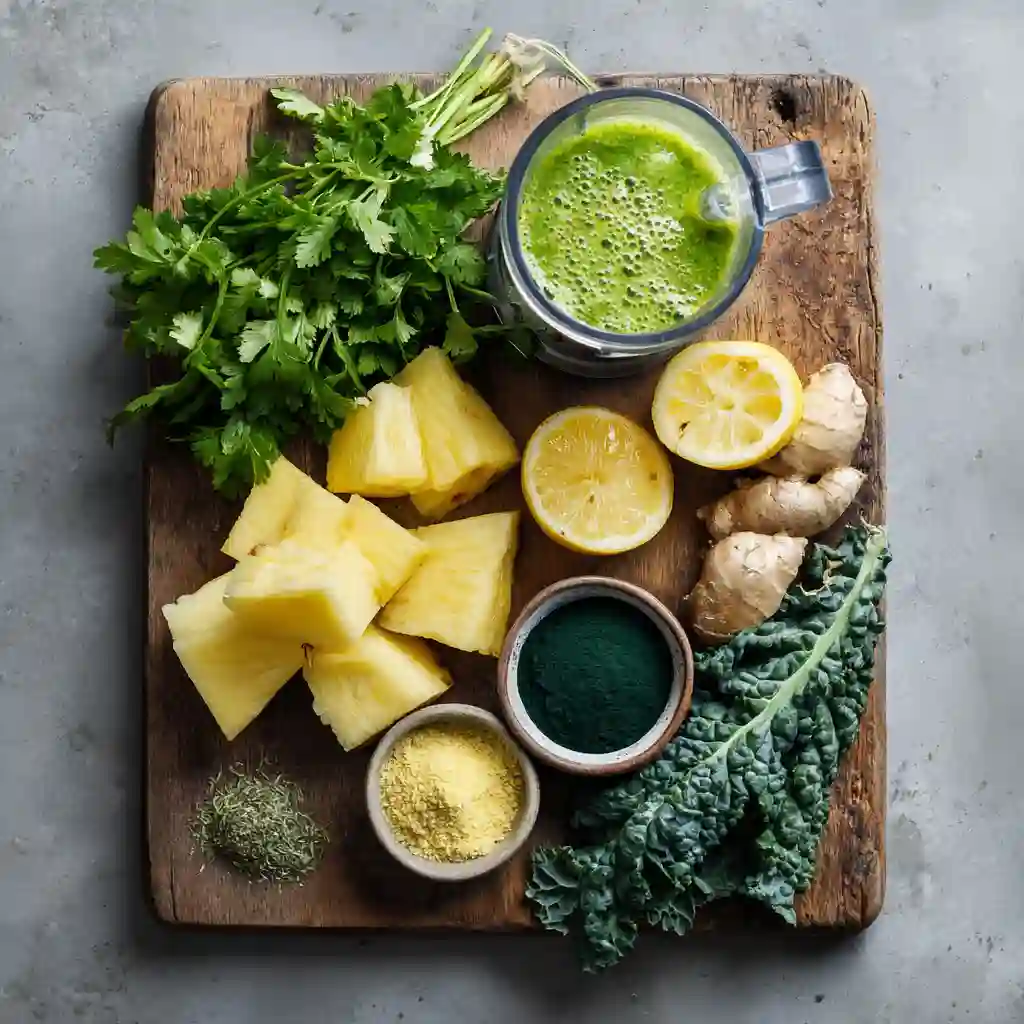 heavy metal detox smoothie recipe_Flat lay of smoothie ingredients: cilantro, pineapple, banana, lemon, leafy greens, spirulina powder