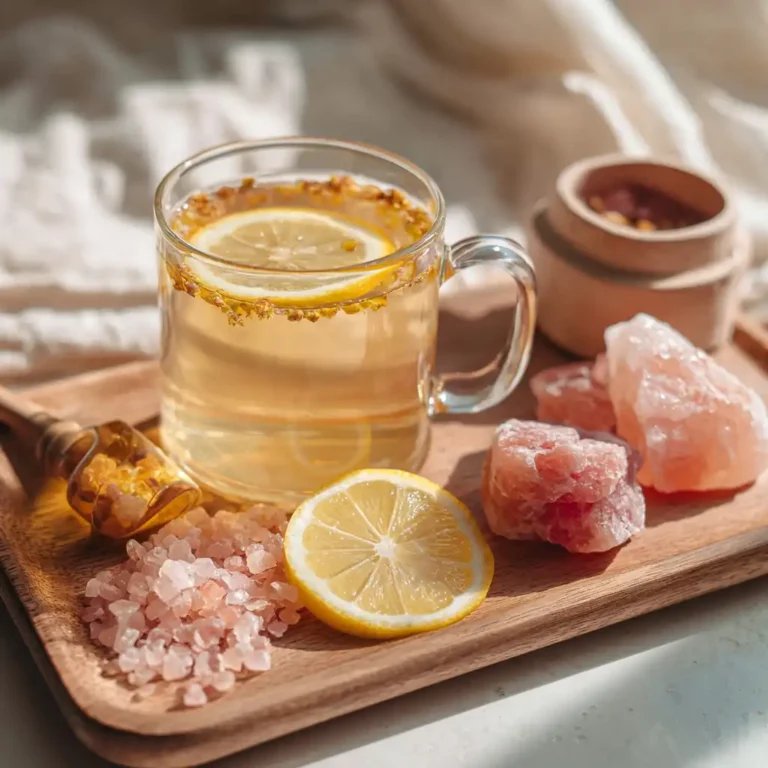 Food blog styled Himalayan salt drink with lemon and herbal backdrop