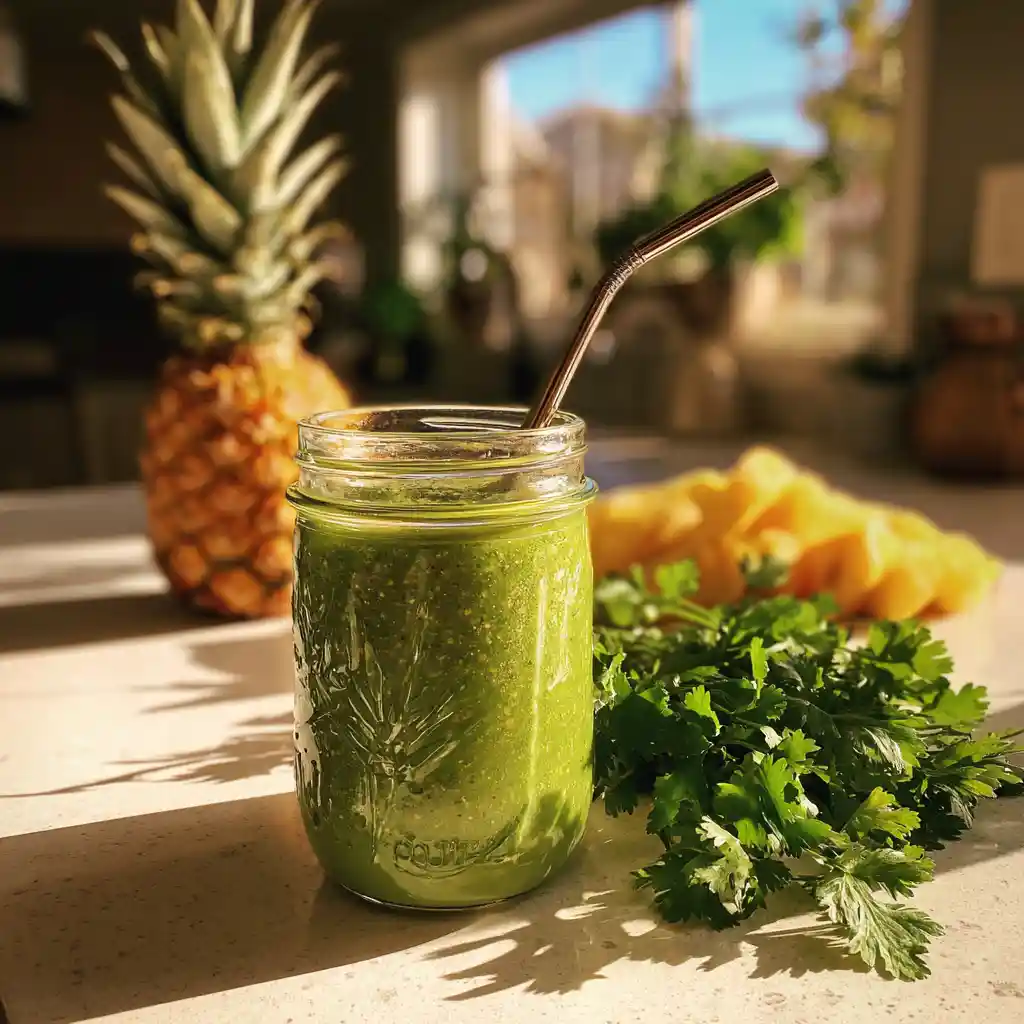 Green heavy metal detox smoothie in a glass jar with straw, surrounded by pineapple, cilantro, and banana