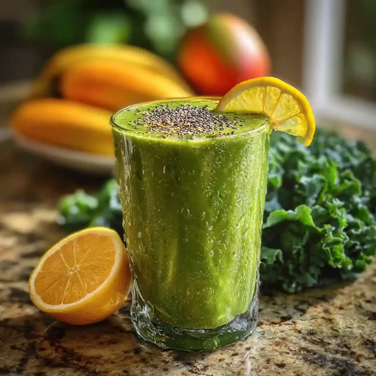 Green smoothie in frosted glass with lemon and chia seeds on top