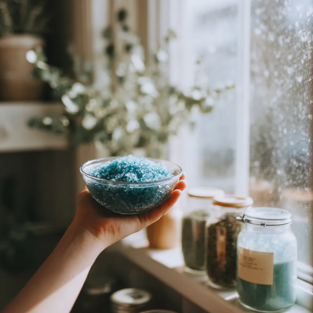 Hand holding a bowl of blue salt trick mixture near window