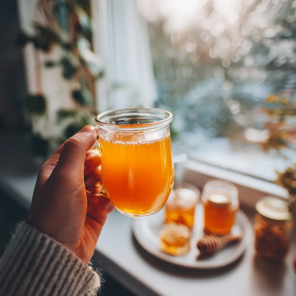 Hand holding a glass of warm honey drink near a window