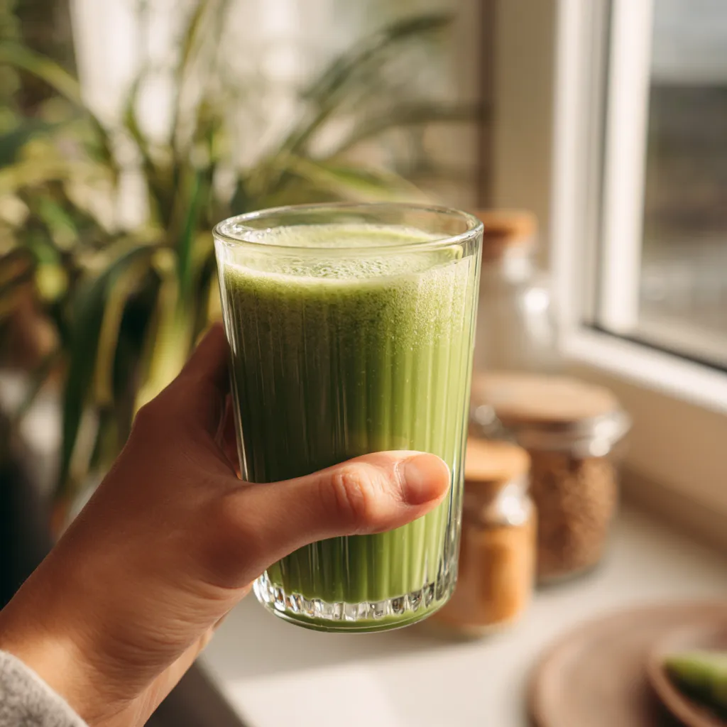 Hand holding a green detox smoothie by a sunlit window, with herbs and fruits in soft background