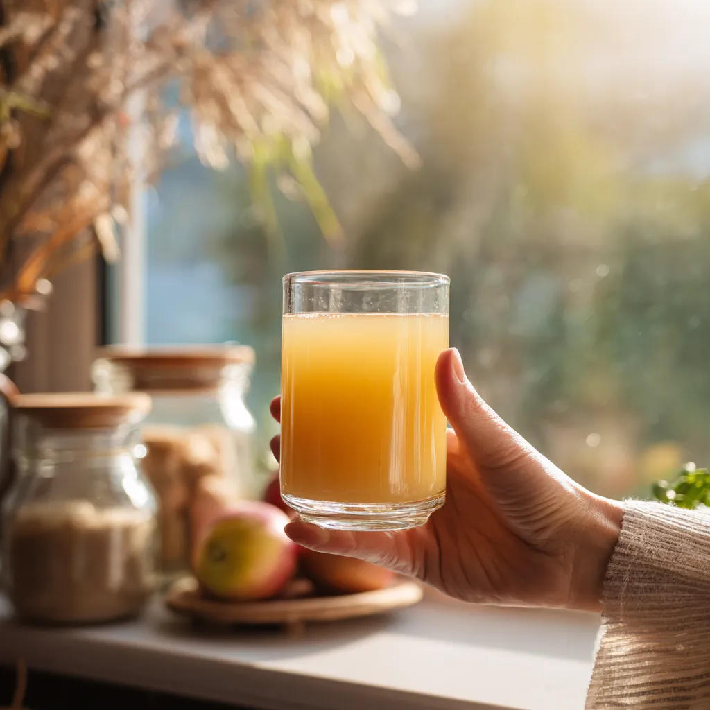 Hand holding a healthy Brazilian Mounjaro ACV drink near a bright kitchen window