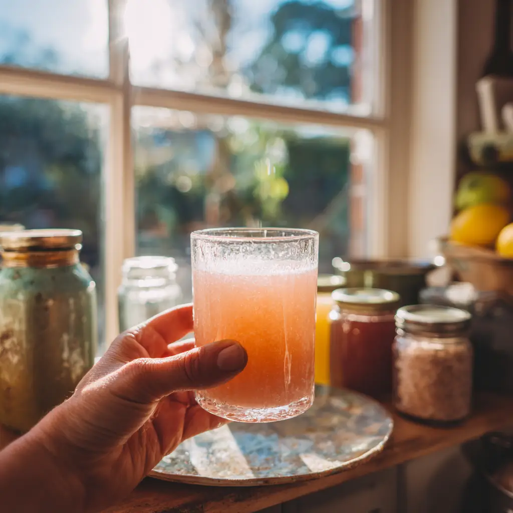 Hand holding a Himalayan salt drink near a sunny kitchen window