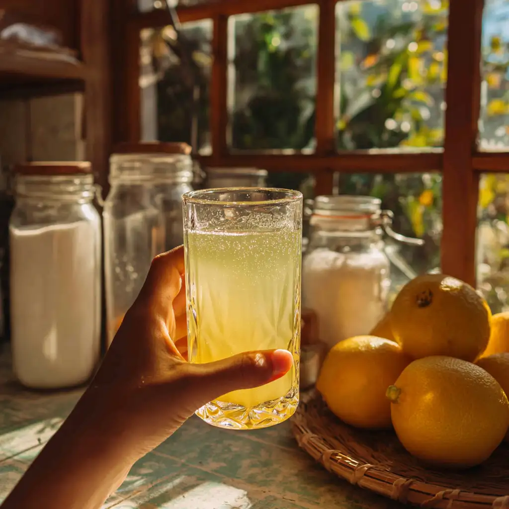 Hand holding Brazilian Mounjaro drink near bright kitchen window