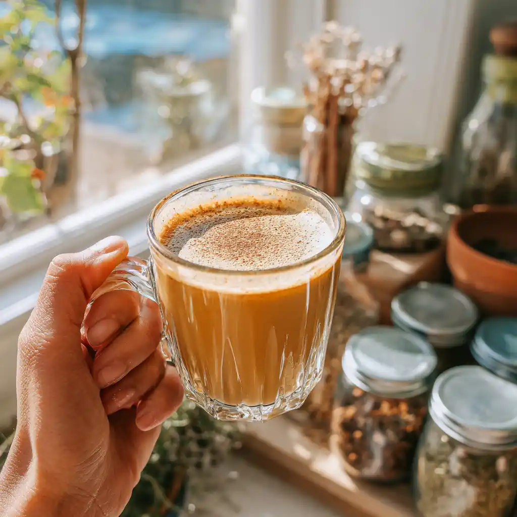 brazilian mounjaro 3 ingredient recipe_Hand holding Brazilian Mounjaro drink in front of kitchen window