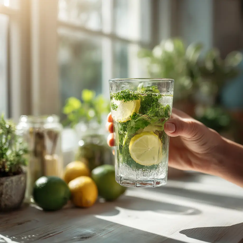Hand holding detox water near a sunlit kitchen window