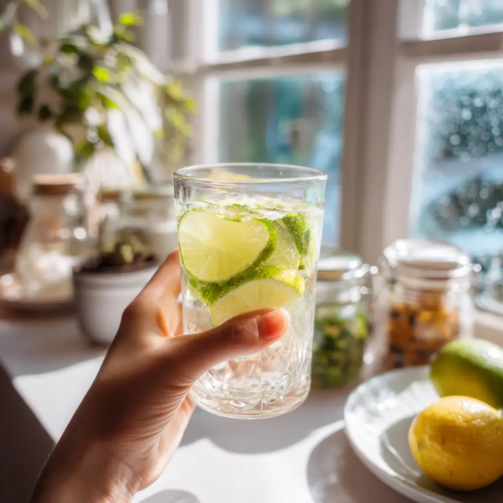 Hand holding detox water for weight loss near sunny kitchen window