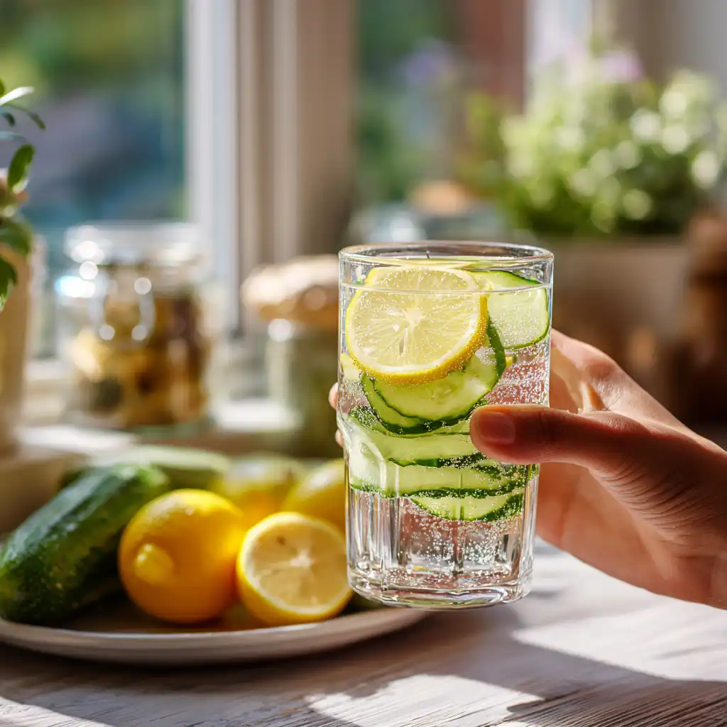 Hand holding lemon cucumber water by a sunlit kitchen window