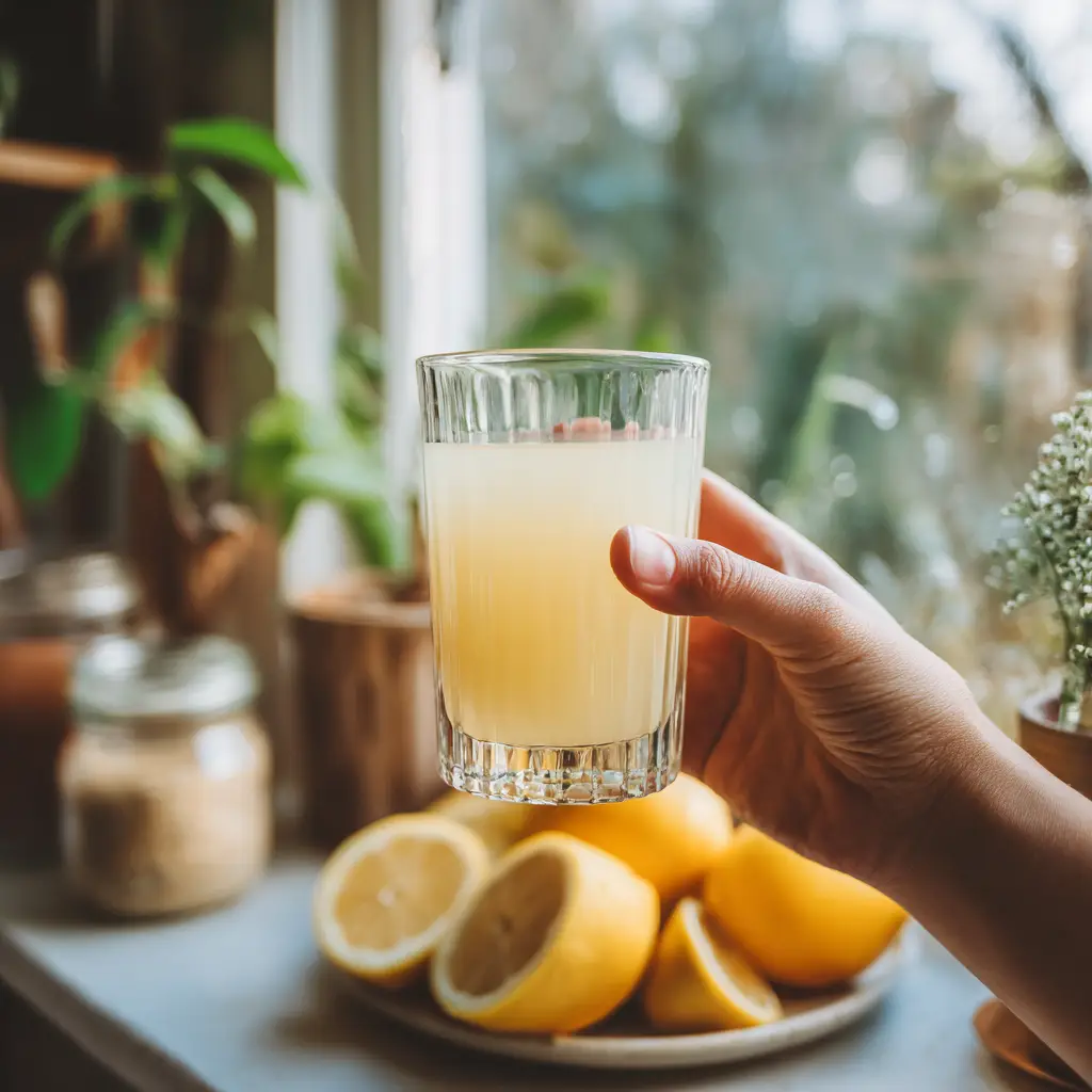 Hand holding lemon weight loss drink by a sunny kitchen window