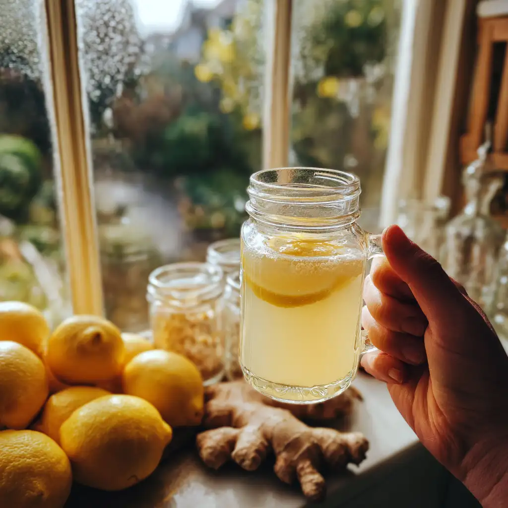 Hand holding mug of lemon and ginger water near a kitchen window