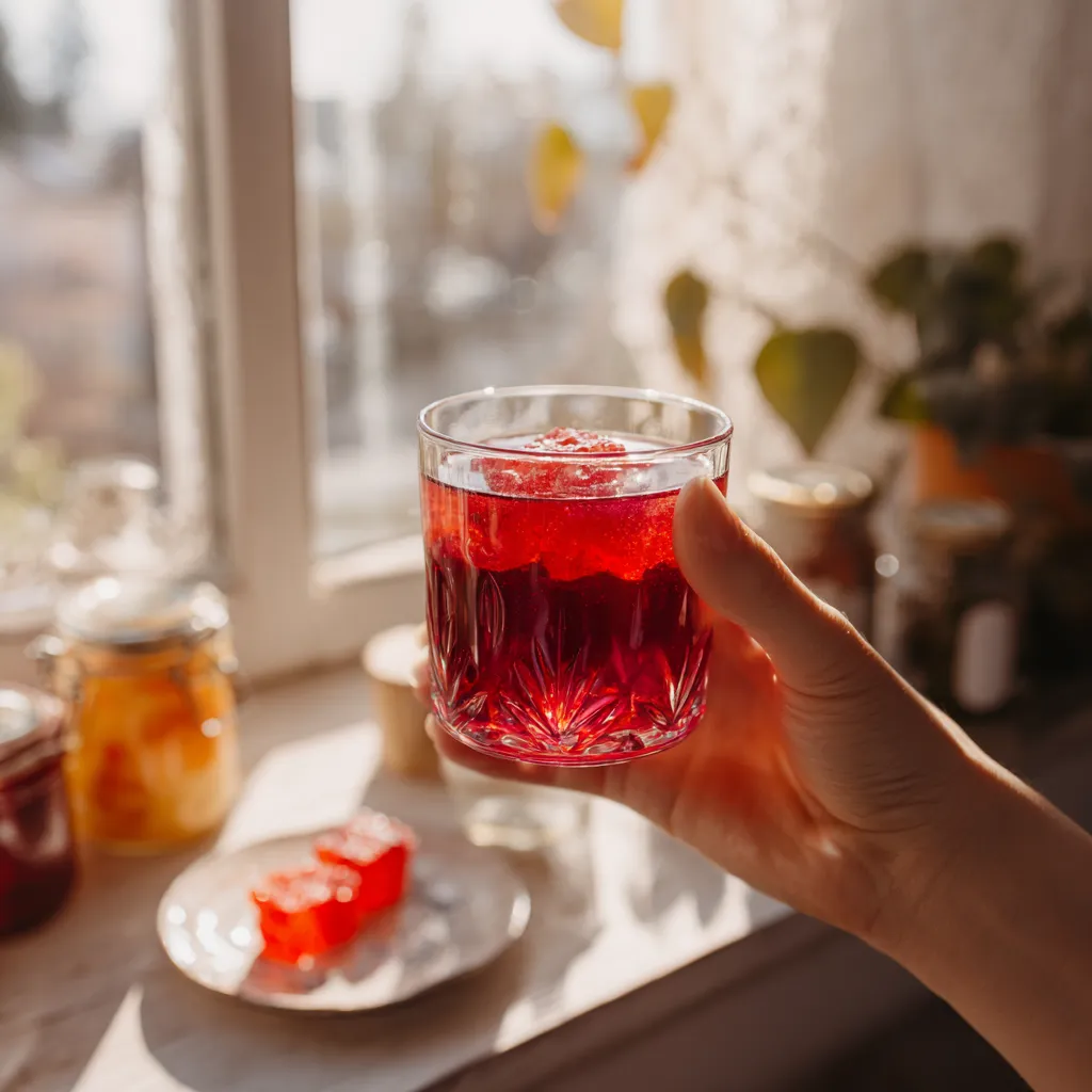 Hand holding red gummy fish drink by a kitchen window with cozy light
