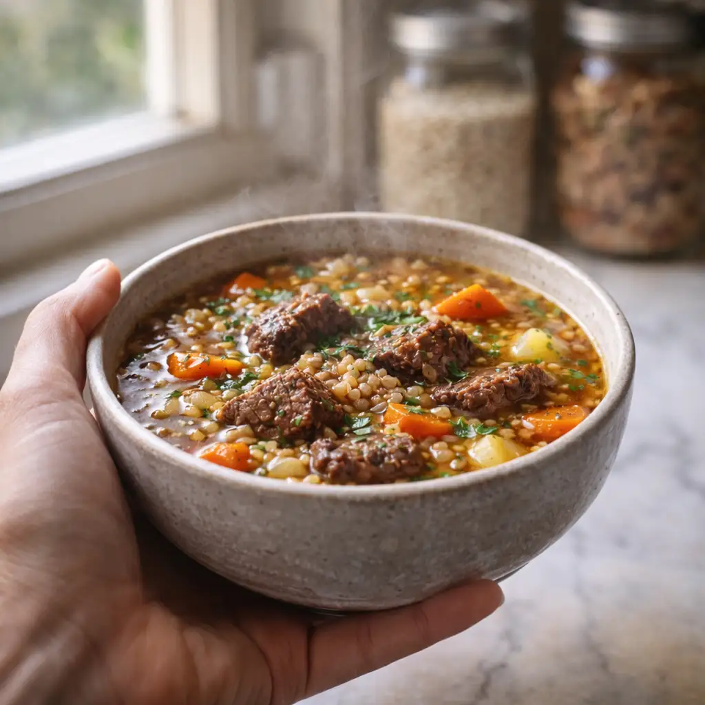 Hand holding a warm bowl of healthy beef barley soup by a window