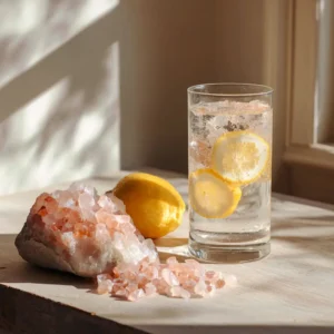 Himalayan salt drink in a clear glass with lemon slices and pink salt on the side