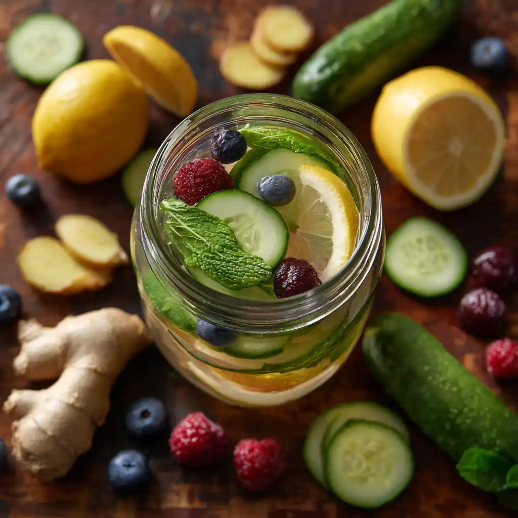 Ingredients for detox water for weight loss on rustic kitchen table