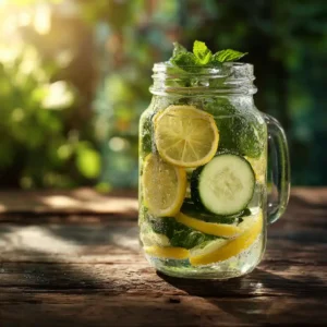 Lemon and cucumber detox water in a mason jar on a rustic table