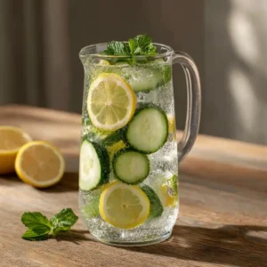 Lemon and cucumber water in a condensation-covered glass pitcher on a wooden table
