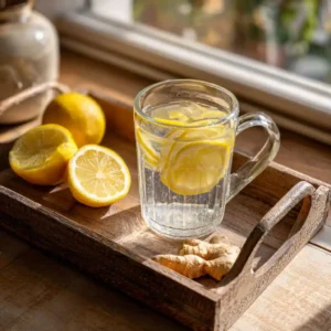 Lemon and ginger water in a glass mug on a rustic tray with fresh ingredients