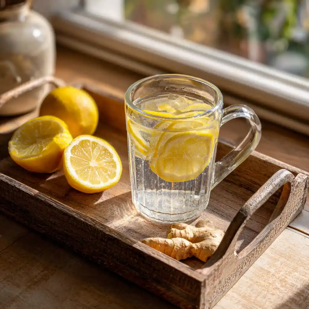 Lemon and ginger water in a glass mug on a rustic tray with fresh ingredients