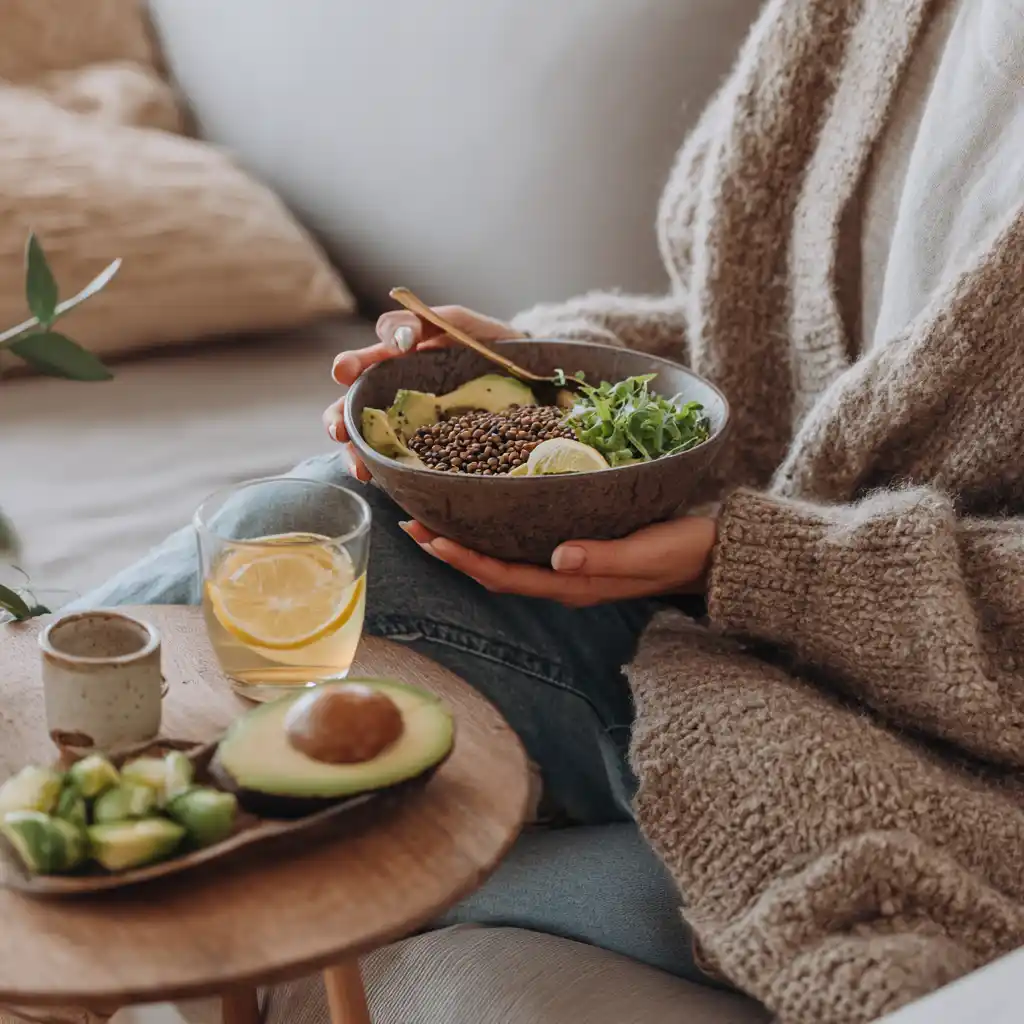Living room scene with person enjoying a Natural Mounjaro bowl, surrounded by real ingredients