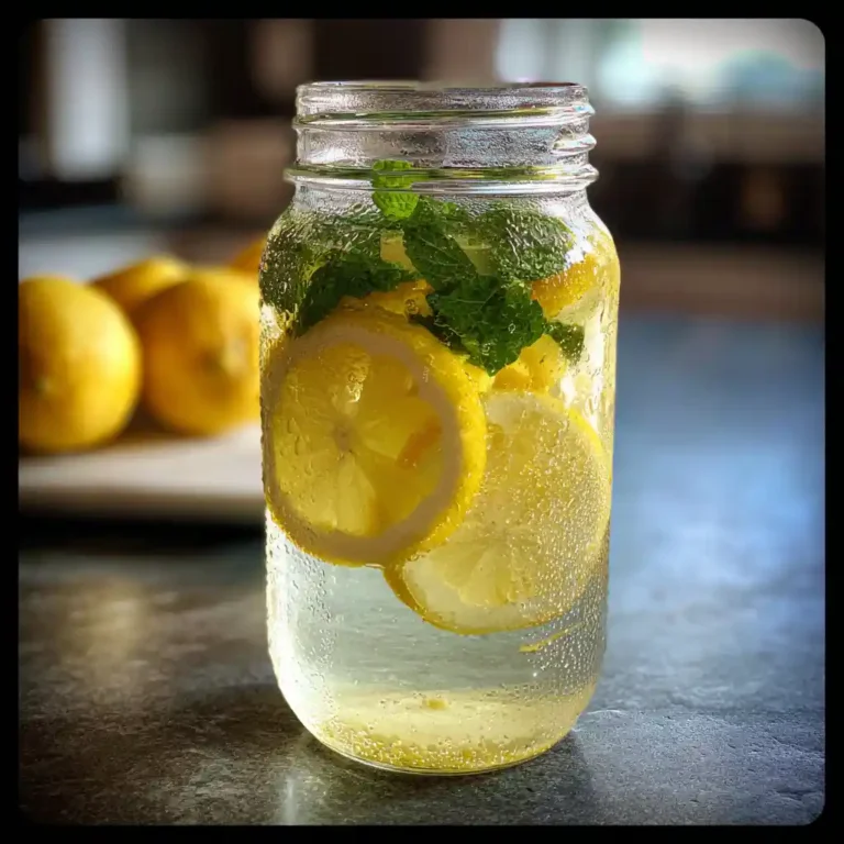 Mason jar of lemon and ginger water with mint on a sunlit counter