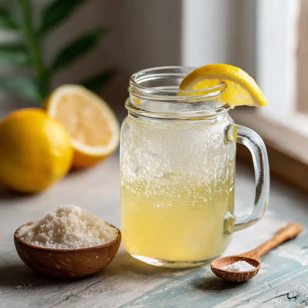 brazilian mounjaro recipe with baking soda_Mason jar with fizzing Brazilian Mounjaro drink and lemon wedge