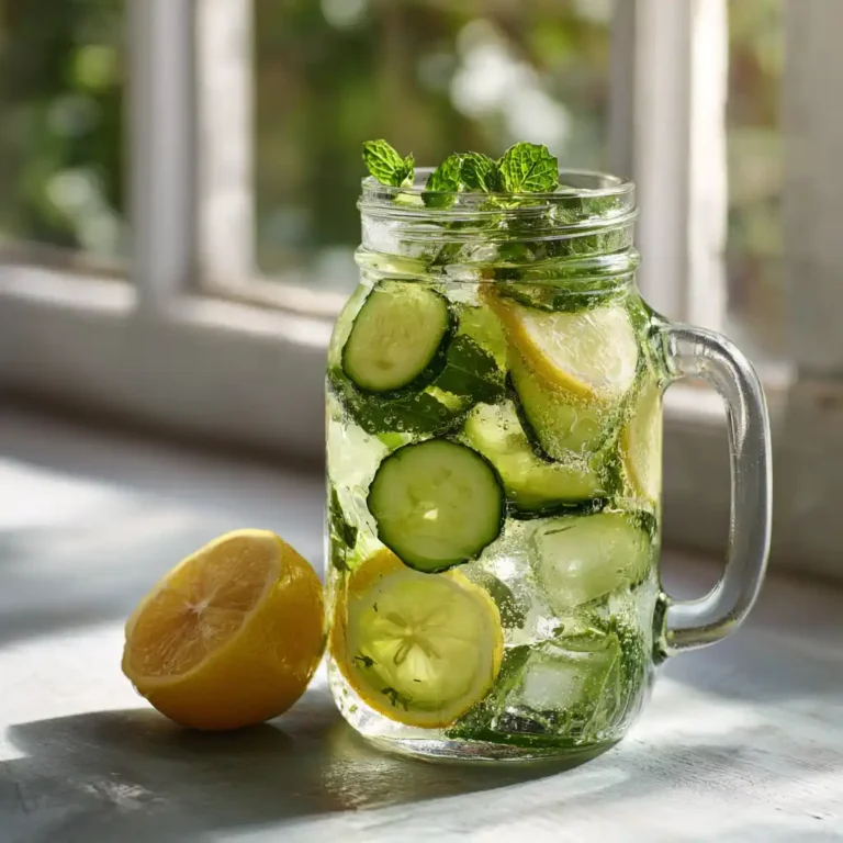 Mason jar with lemon and cucumber water and ice cubes