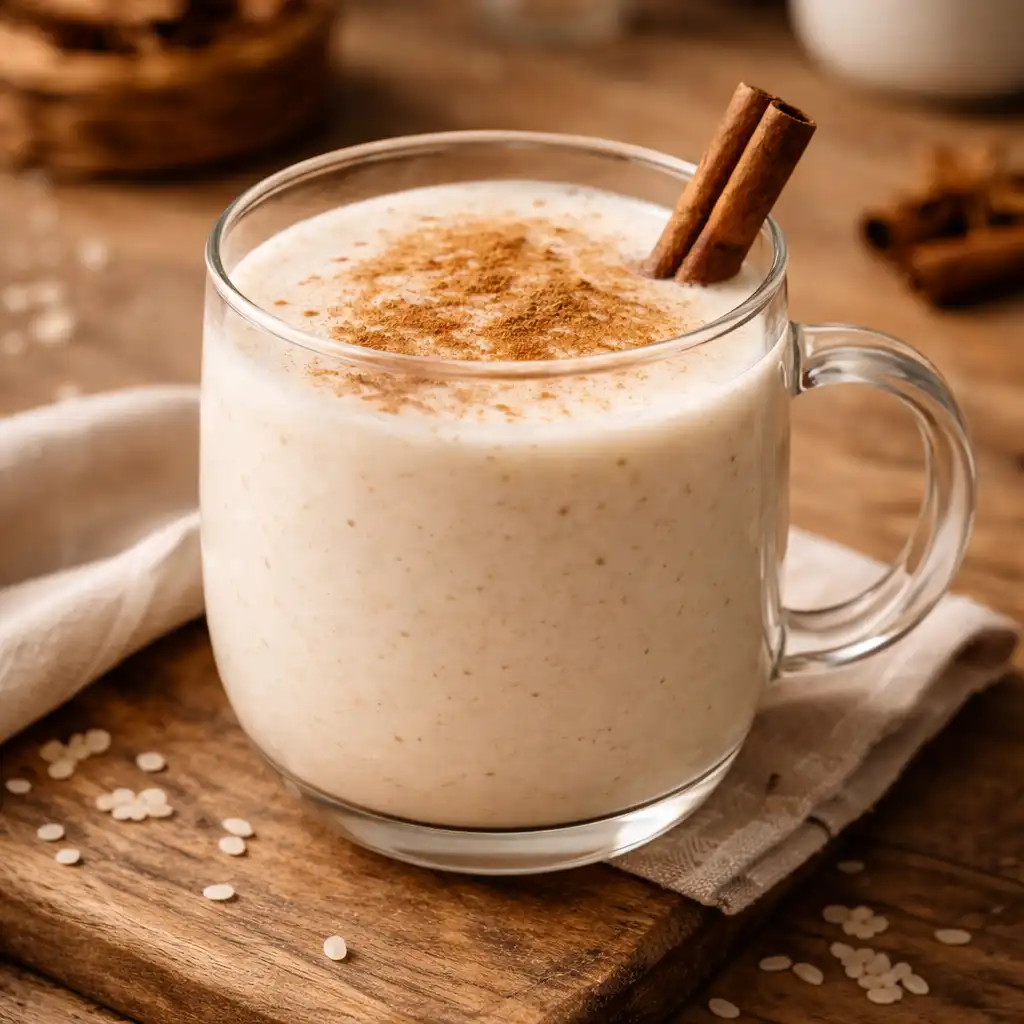 Creamy Non-Alcoholic RumChata in a clear glass with cinnamon stick