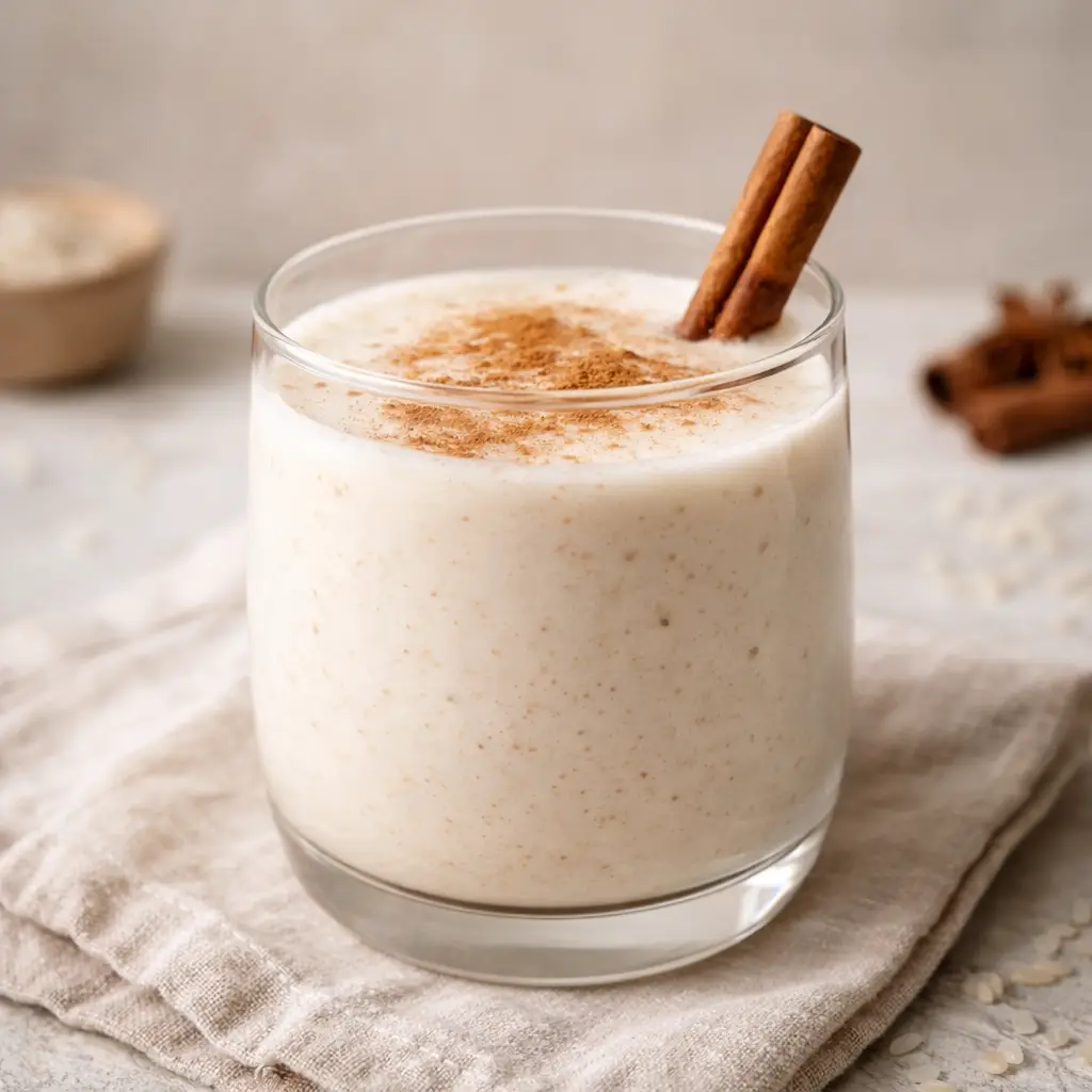 Homemade Non-Alcoholic RumChata on wooden table