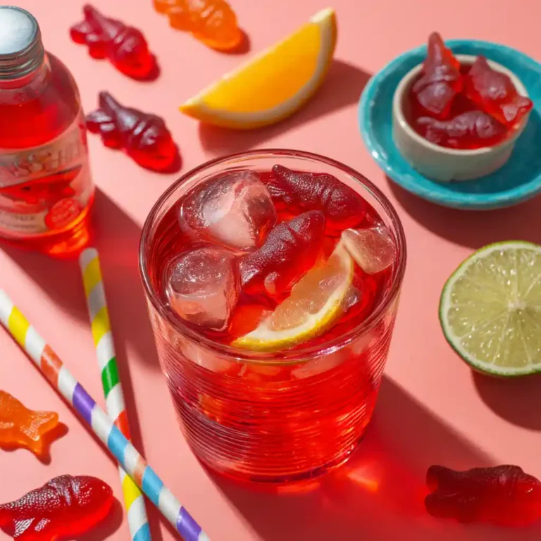Overhead photo of red gummy fish mocktail with fruit slices and floating candies