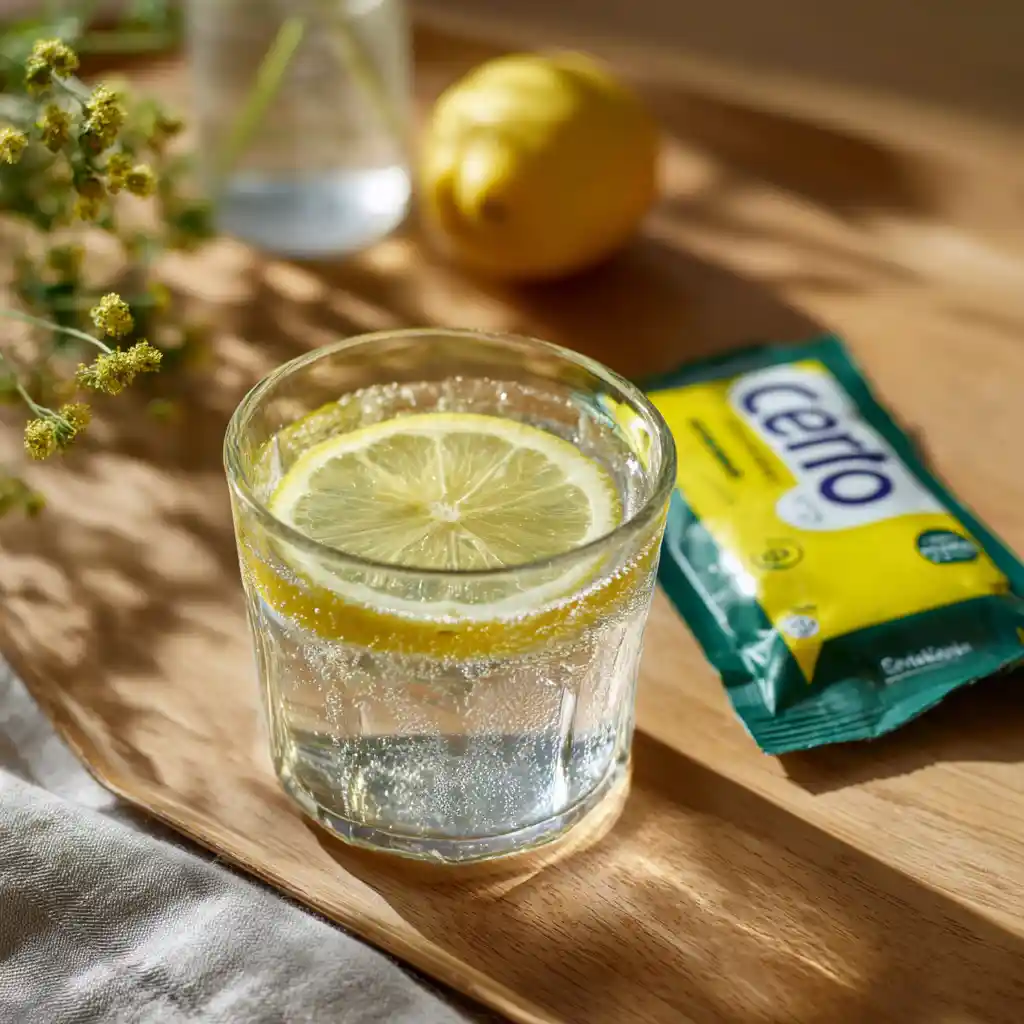 Overhead shot of a homemade Certo Detox drink with lemon and Certo pouch on a wooden table