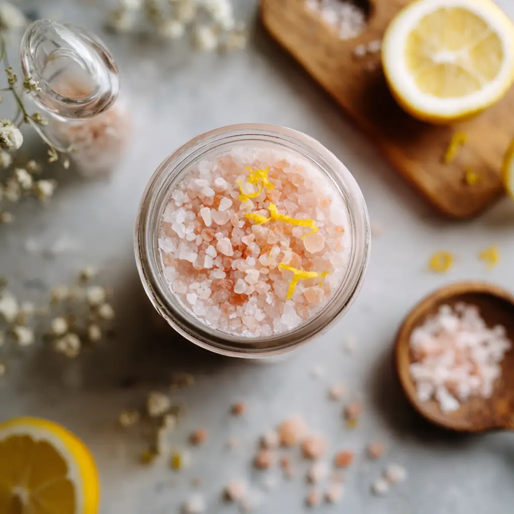 himalayan salt drink recipe_Overhead shot of Himalayan salt drink with salt and lemon zest